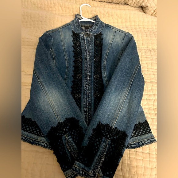 INC embellished Jean jacket. Awesome black lace and buttons. Casual to dressy - Picture 4 of 9